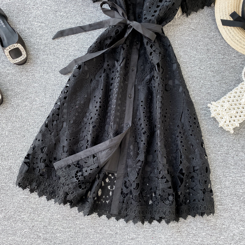 Sixsr Women Elegant Hollow Out Lace Dress Office Lady Summer Solid O-Neck Button up Sashes Midi Dress Female Chic Short Sleeve Dress