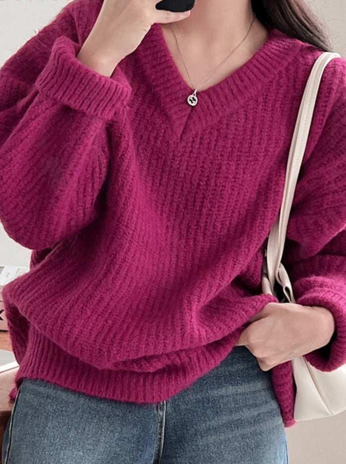 Green Oversized Sweaters for Women Fall Winter Korean Fashion Long Loose Pullovers V Neck Long Sleeve Jumpers