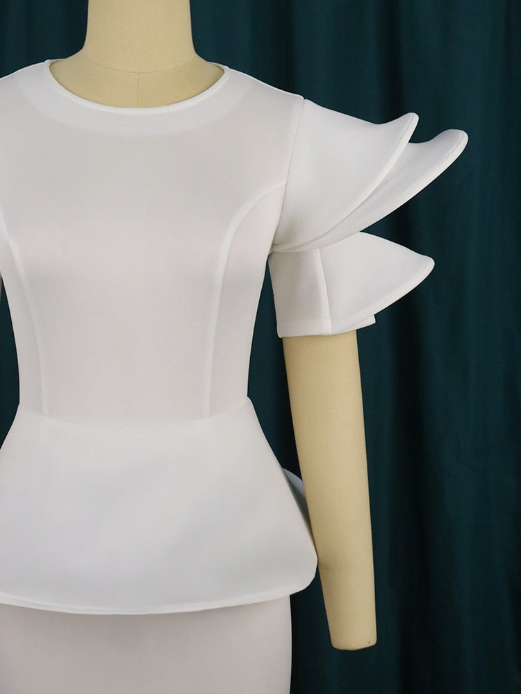 Women White Party Dresses Stylish Short Sleeves Ruffles Peplum Bodycon Christmas Event Birthday Wedding Guest Female Large Size