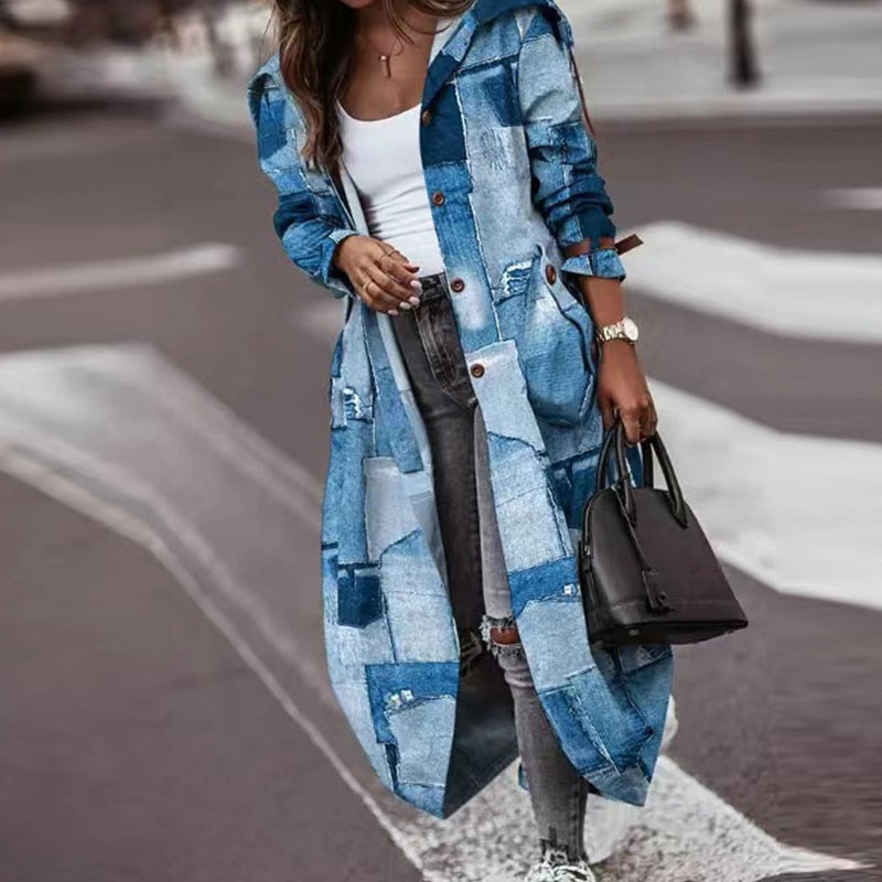 Women's Khaki Striped Plaid Contrast Long Trench Coat