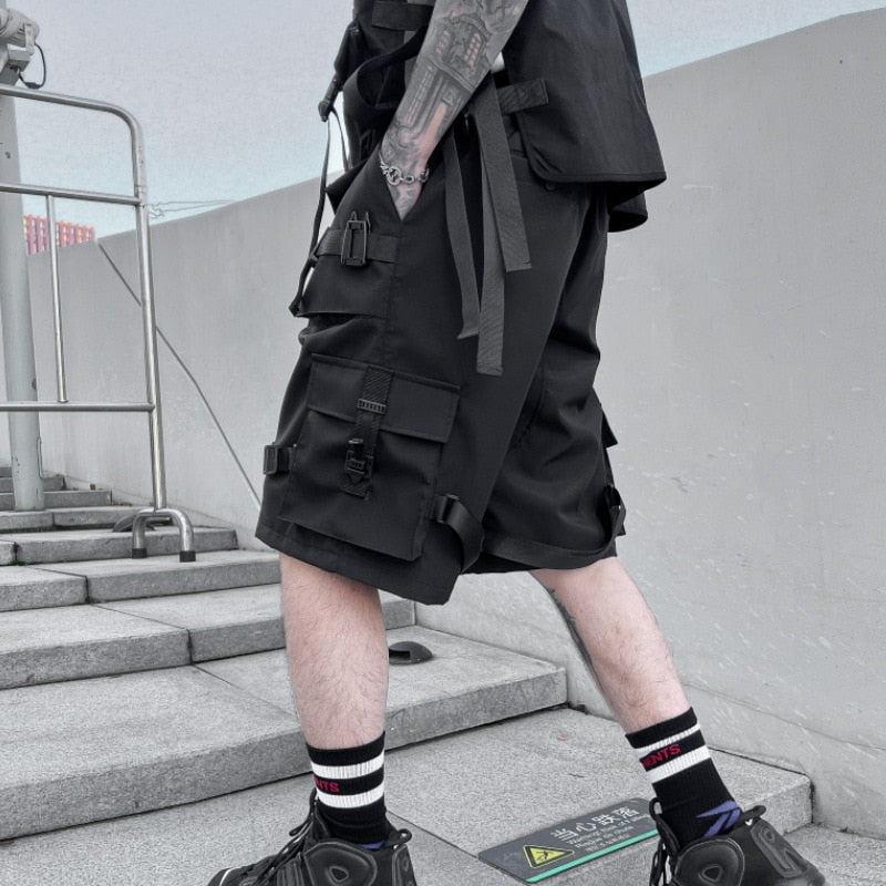 Sixsr 2024 Summer Tactical Techwear Cargo Shorts Ribbons Hip Hop Short Pants For Men Wide Leg Multi Pockets Casual Street Wear