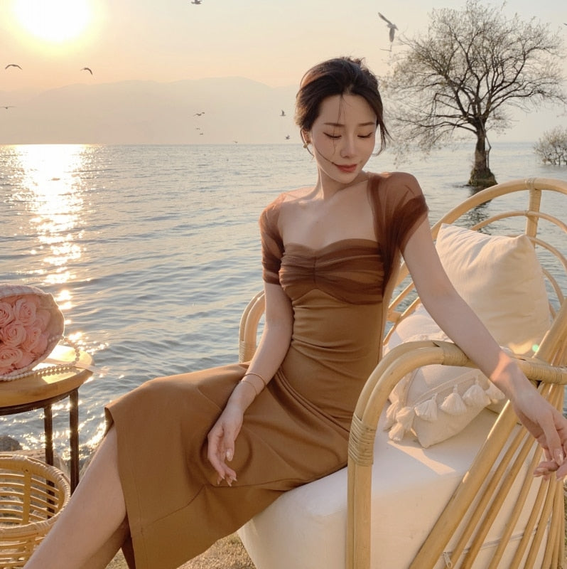 sixsr New YearsEve Dresses For Women Spring Summer Sexy Halter Mesh Patchwork Midi Dress Elegant Bodycon Slim Party Vestidos Female Fashion Vintage Clothes