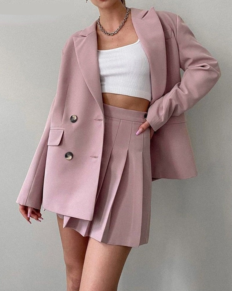 sixsr Suits and Pleated Skirts 2 Piece Set Women  Spring Autumn Elegant Solid Outfits Sets Female Office Ladies Blazer Suit