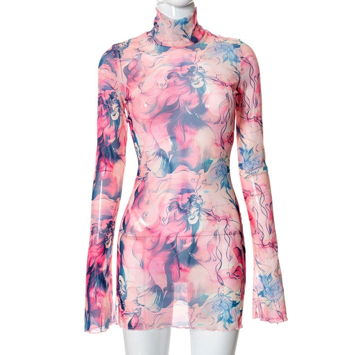 Long Sleeve Printed Tie Dye Bodycon Mini Dress Women Autumn Elegant Party Evening Sexy Fashion Casual Slim Vacation Dresses