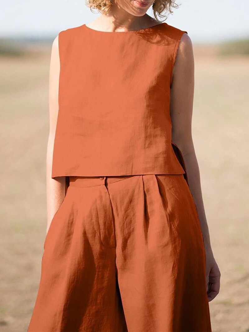 sixsr Summer Outfits Casual Summer Women Set Vintage Sleeveless Blouse O-Neck Top + Straight Wide Leg Pants Suit Two Piece Solid Color Sets