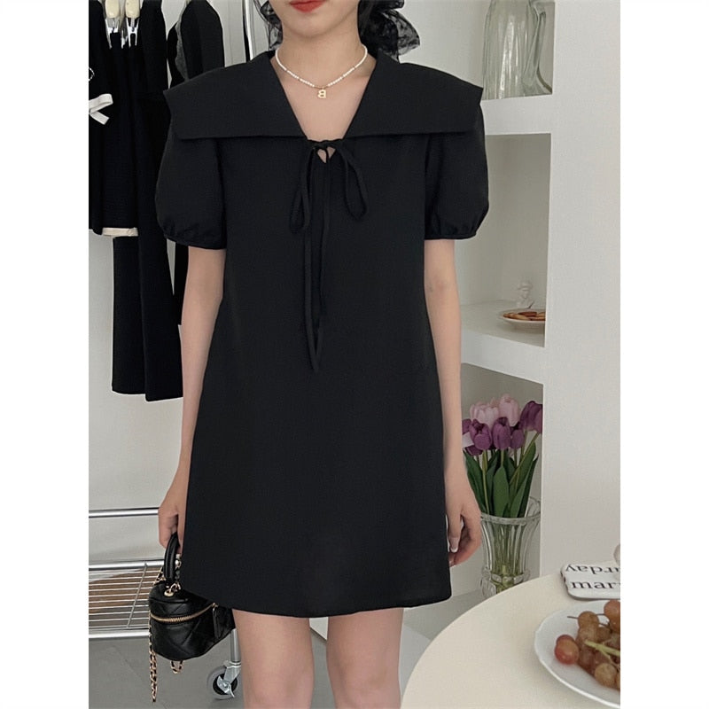 Solid Dress for Women Fashion High Waisted Short Sleeve Sailor Collar Lace Up Mini Dresses New Spring Summer Dress