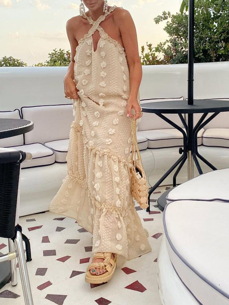 Sixsr Sleeveless Halter Maxi Summer Dress For Women Fashion Ruffle Beach Long Robe Elegant Slip Holiday Hollow Out Sundress