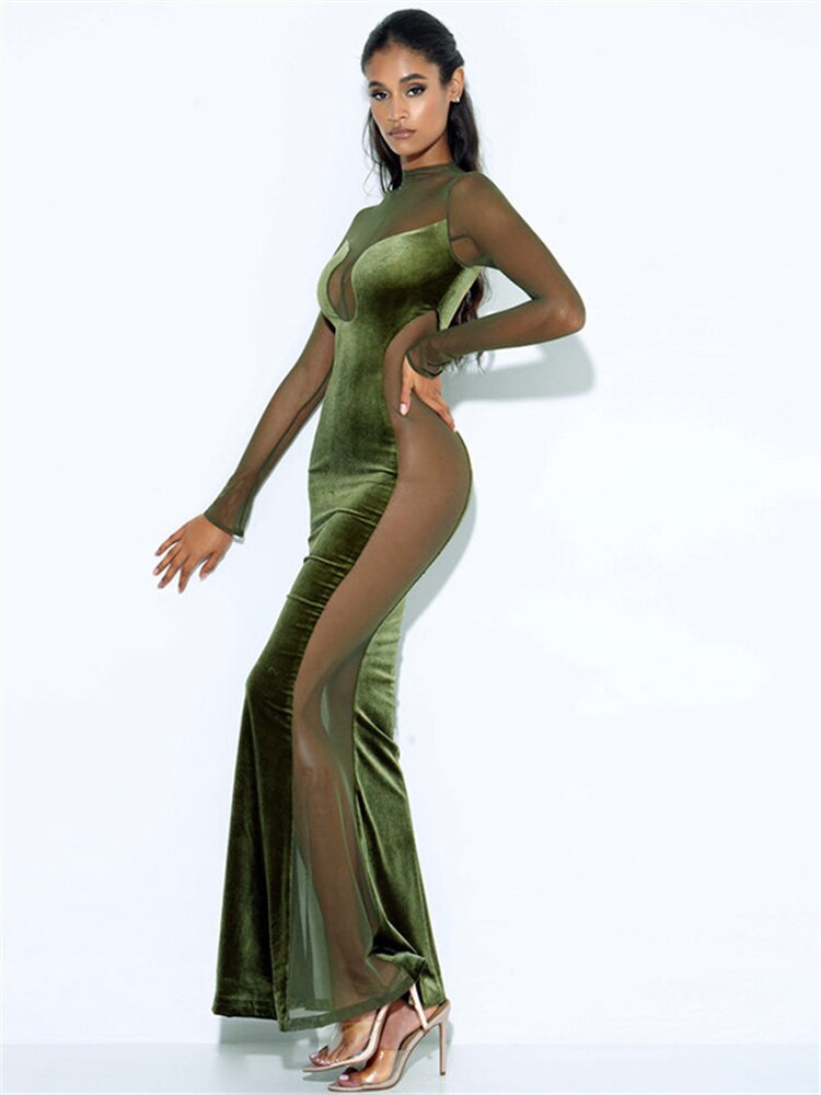 sixsr Womens Fall Fashion Mesh Patchwork O Neck Long Sleeve Maxi Dress Women Autumn Winter Elegant Sexy See Through Party Dresses Club Outfits
