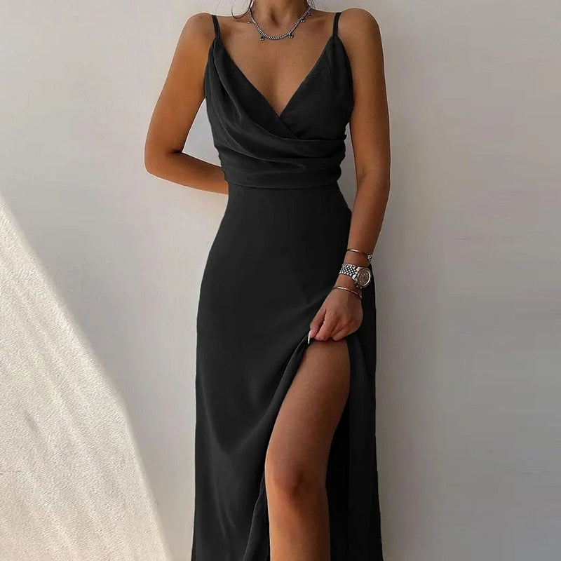 Sexy High Split Up Long Dress For Women Summer Print Party Dress Sleeveless Slip V Neck Elegant Dresses Ladies Evening Robe