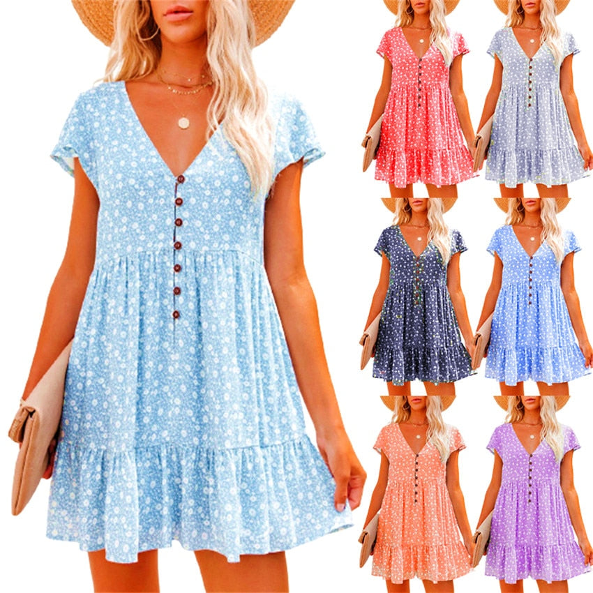 Spring summer v-neck floral short-sleeved dress