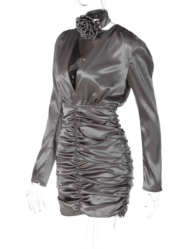 sixsr Womens Fall Fashion Satin Ruched Deep V Neck Long Sleeve Mini Bodycon Dress Women Autumn Winter Elegant Sexy Party Dresses