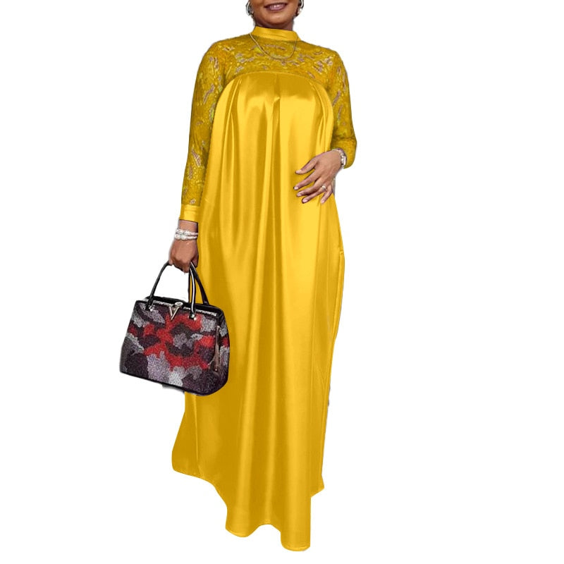 Summer Kaftan Party Dress Bohemian Women Long Sleeve Mock Neck Lace Patchwork Maxi Long Dress Robe Longues Oversized