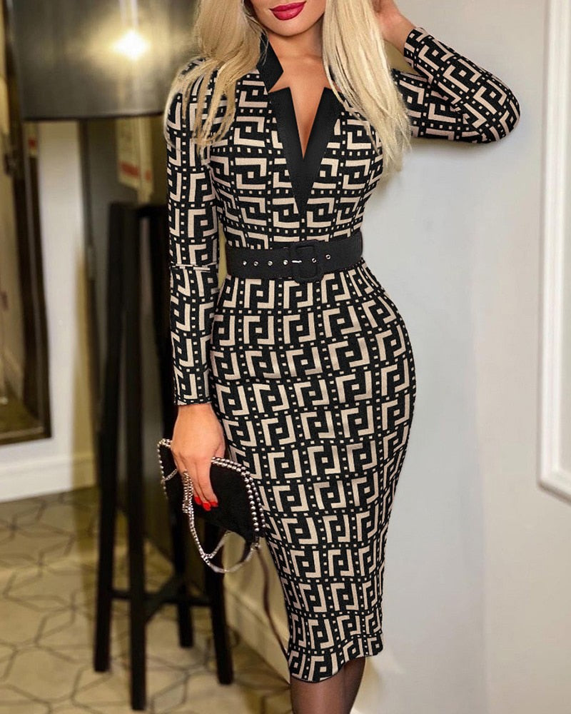 Sixsr Spring Outfits  Trends Office Lady Long Sleeve V-neck Maxi Dress Spring Autumn Vintage Print Slim High Waist Belted Vestidos De Mujer Elegant Dresses
