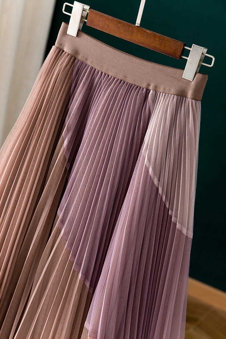 Sixsr Gauze Patchwork Pleated Midi Skirts Spring Summer New Fashion Streetwear Casual Elastic High-waisted Women's Skirt