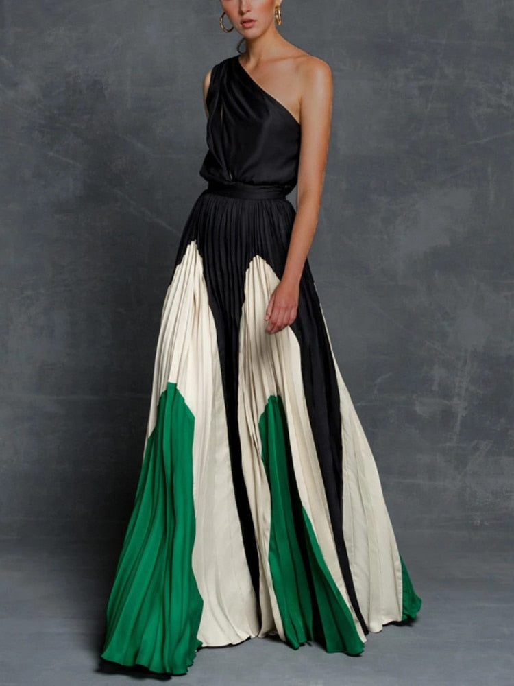 sixsr Summer Black Patchwork Inclined Off One Shoulder Women Dresses Contrast Color High Street Night Club Long Party Dress Clothing