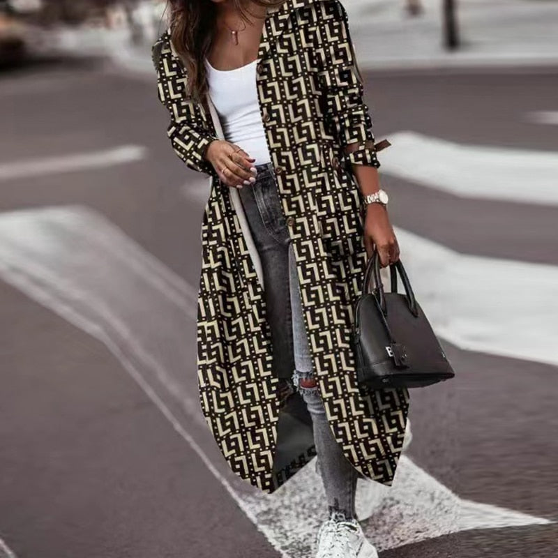 Women's Khaki Striped Plaid Contrast Long Trench Coat