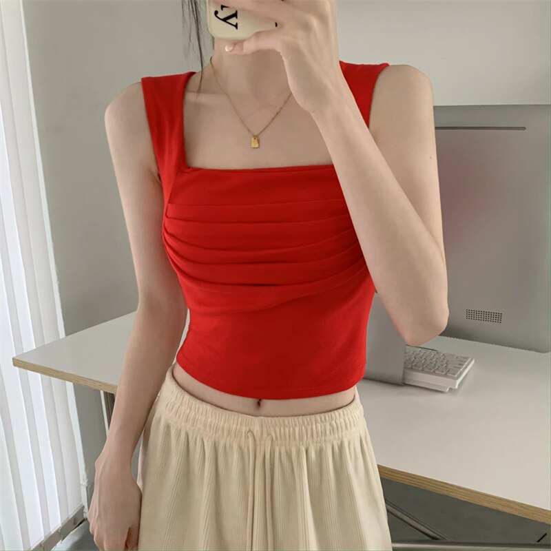 Solid Tank Top for Women Summer New Korean Fashion Sleeveless Square Collar Slim Crop Top Chic Casual Y2k Tanks