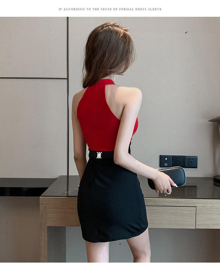 Summer New Women's Fashion Sexy V-Neck Design Tight Sleeveless Short Dress Elegant Slim Office Ladies Contrast Color A-line