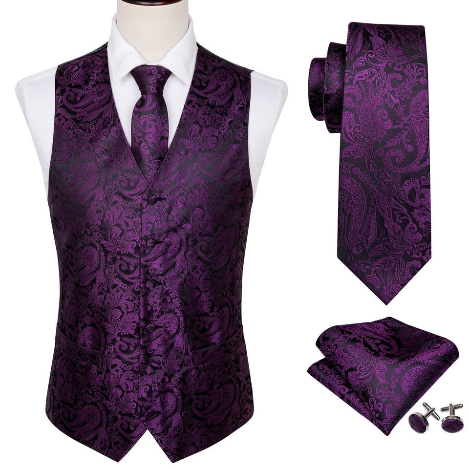 Sixsr 4PC Mens Extra Silk Vest Party Wedding Gold Paisley Solid Floral Waistcoat Vest Pocket Square Tie Suit Set Barry.Wang BM-2017