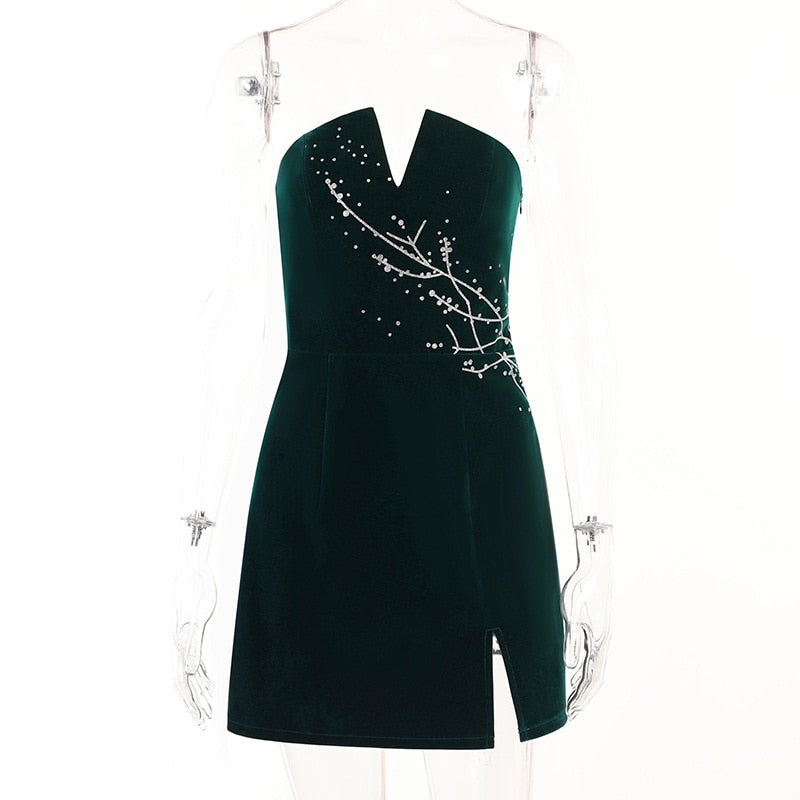 sixsr Womens Fall Fashion  V Neck Velvet Dress Women Sexy Sleeveless Elegant Fashion Female Clothes Solid Backless Strapless Side Split Dress Black