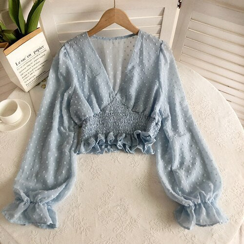 Sixsr Women Fashion Spring Women Sweet Spot Blouse Ladies Fashion Chiffon Pullover Shirt V-neck Slim Long Puff Sleeve Folds Tunic Short Top