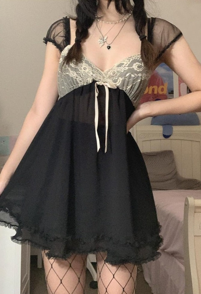 sixsr Summer Outfits Hot Sell Patchwork Lace Cute Y2K Chiffon Dresses Women Square Collar Elegant Grunge Fairycore Clothes Ruffles Short A Line Dress