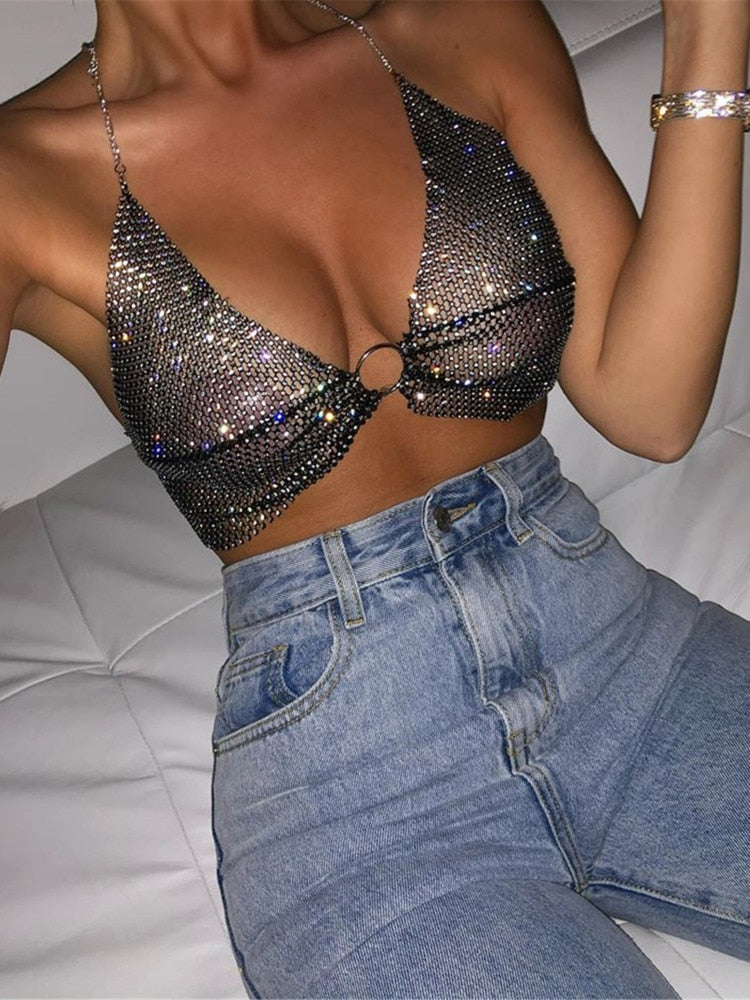 sixsr Sexy Crop Top Women Two Piece Set Festival Beach Club Outfits Party Tank Top T Shirt Woman Halter Rhinestones Tops Summer