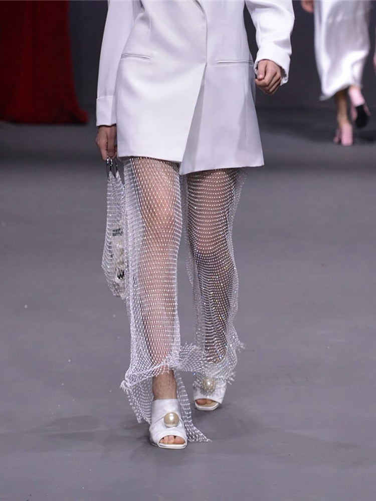 New Crystal Diamond Shiny Women Pants Summer Sexy Hollow Out Elastic Fishnet Trousers Fashion See Through Beachwear sixsr