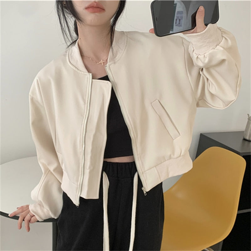 Chic Jacket for Women Spring New Long Sleeve Stand Collar Korean Zippers Oversized Coats Solid Casual Y2k Jackets