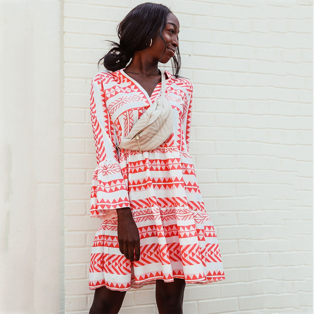V neck Swing Women Daily Cotton Bell Sleeve Printed Tribal Summer Dress