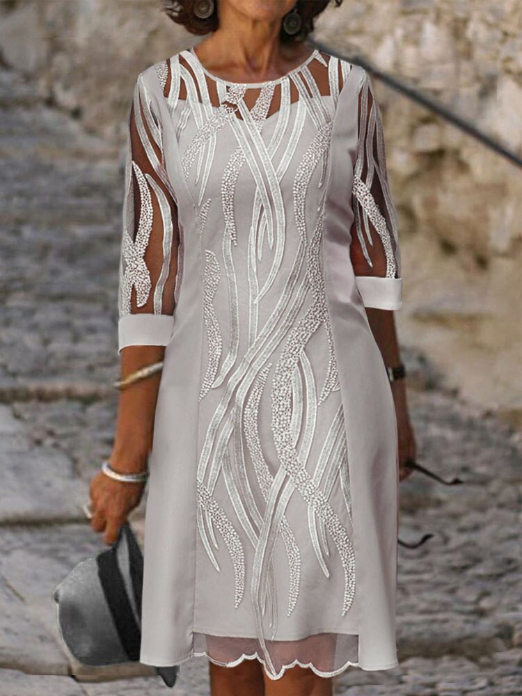 sixsr Fashion Trends Embroidered Dress Half Sleeve Casual Dress Sexy See-through Patchwork Lace Party Dress Women Fashion O Neck Loose Pullover Dress