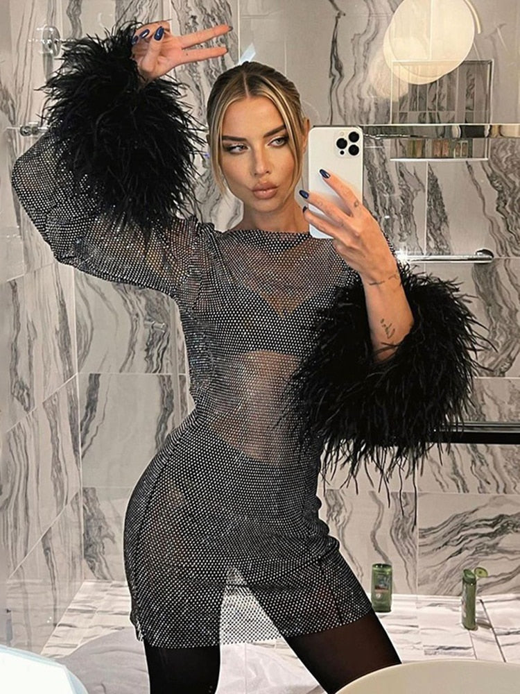 Round Collar See Through Dress Women Sexy Long Sleeve Elegant Female Clubwear Solid Mesh Tassel White Feather Mini Dress