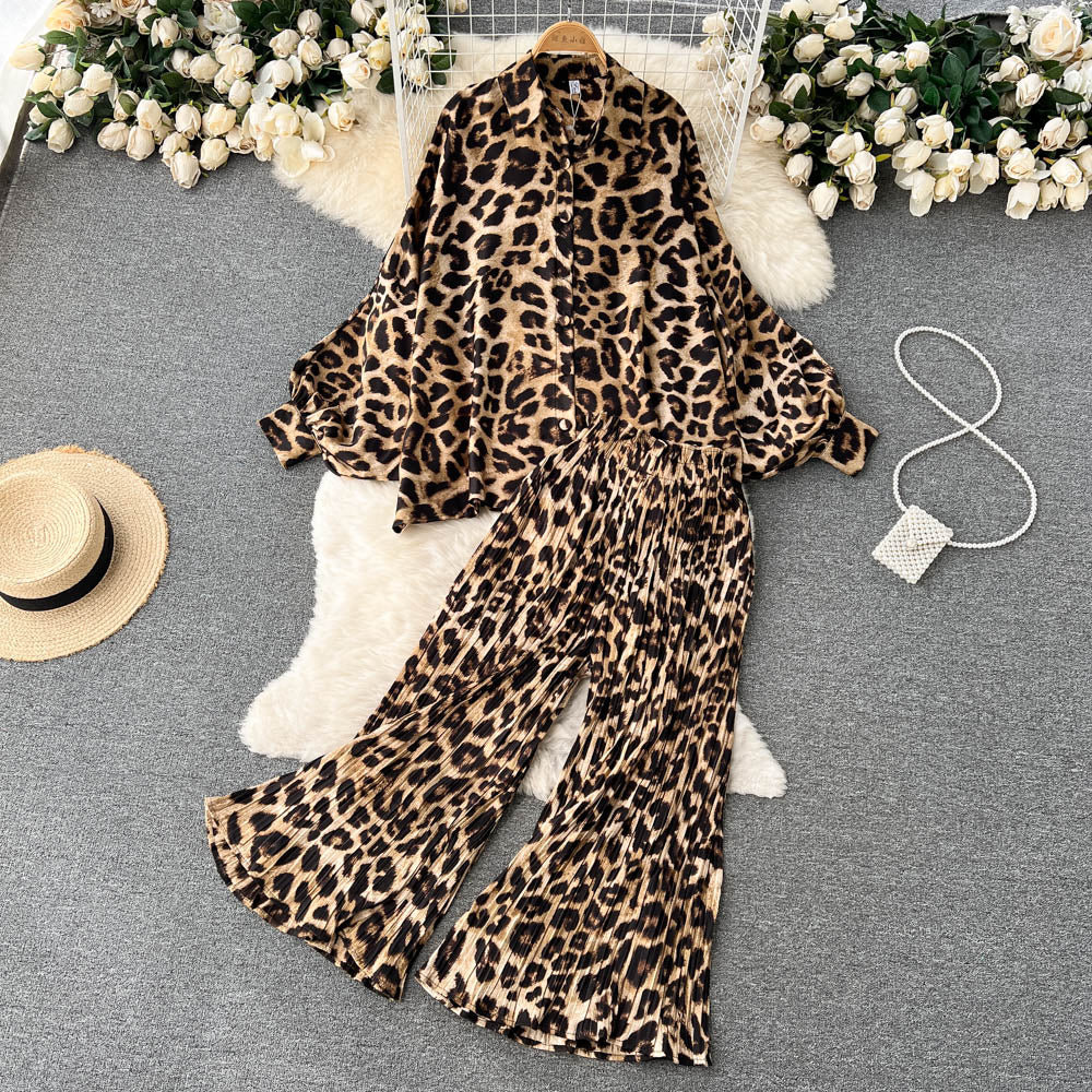 sixsr Women's Dress Spring Retro Print Casual Set Design Batwing Sleeve Single Breasted Blouse+High Waist Long Pants Two Piece Suits