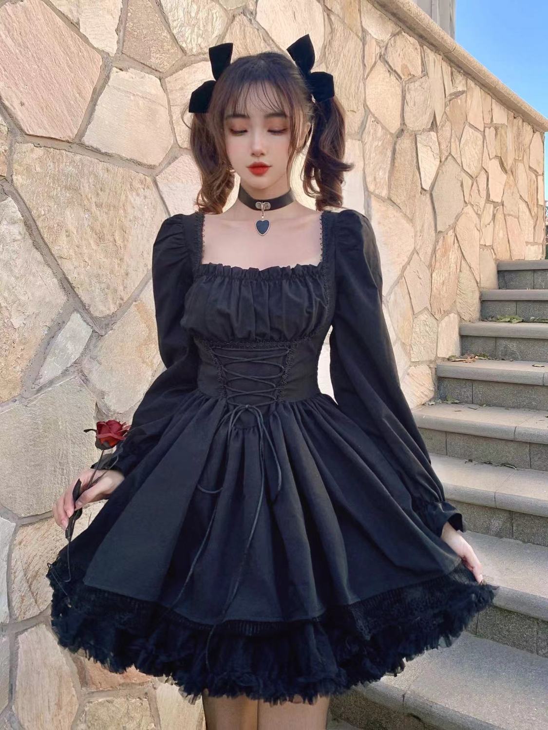 sixsr Womens New Trends White Lolita Dress Kawaii Vinatge Long Sleeve Mini Dresses Black Gothic Bandage Lace Patchwork Streetwear Square Collar