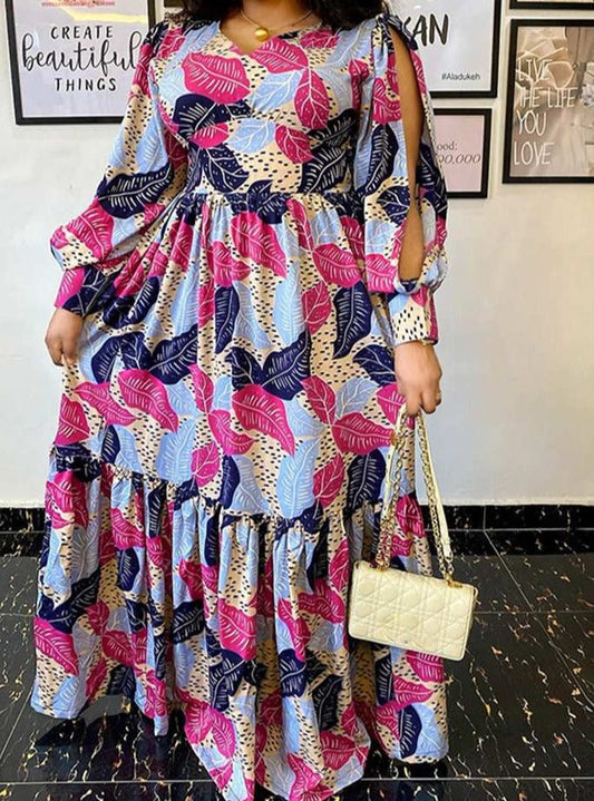Summer Party Long Maxi Dress Women Long Sleeve Slit Vintage Printed Pleated Bohemian Beach Sundress Casual Vestido