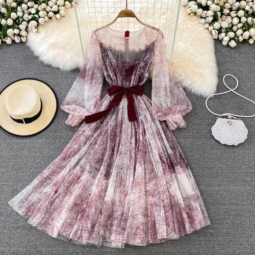 Sixsr Sexy Mesh Printed Dress Women Spring Autumn Round Neck Puff Long Sleeve Ink Pattern A-Line Big Swing Vestidos Female New