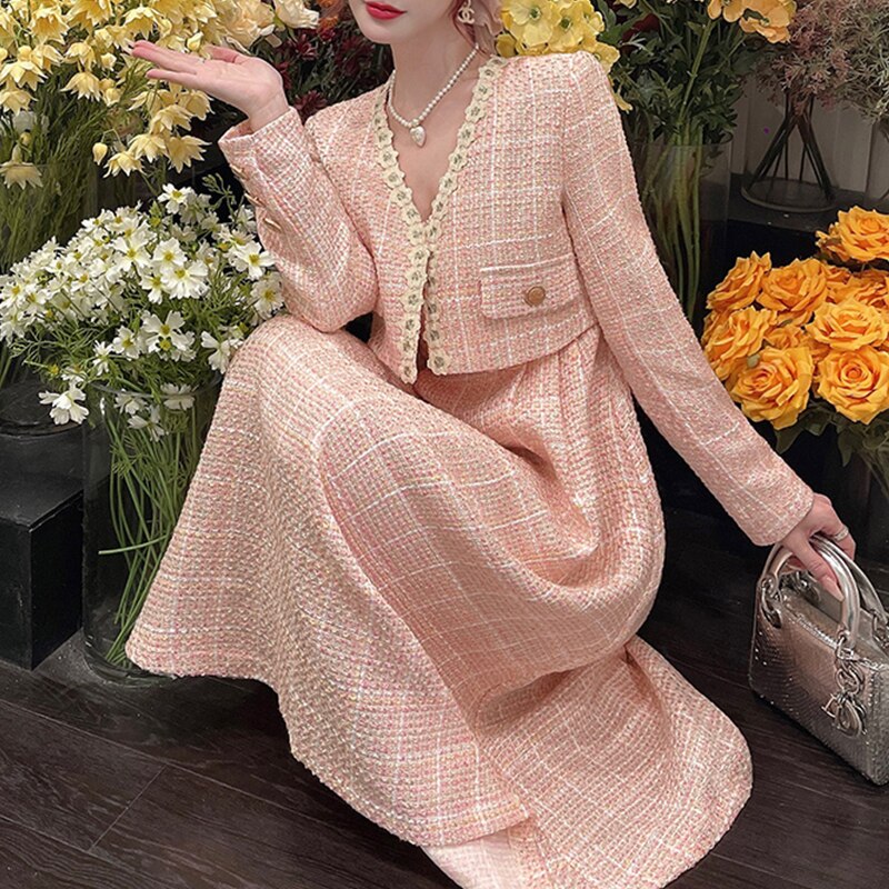 Pink Plaid Tweed Jacket + Strapped Dress Women Vintage Winter Elegant Party Woolen 2 Piece Sets Ladies Autumn Dress Sets