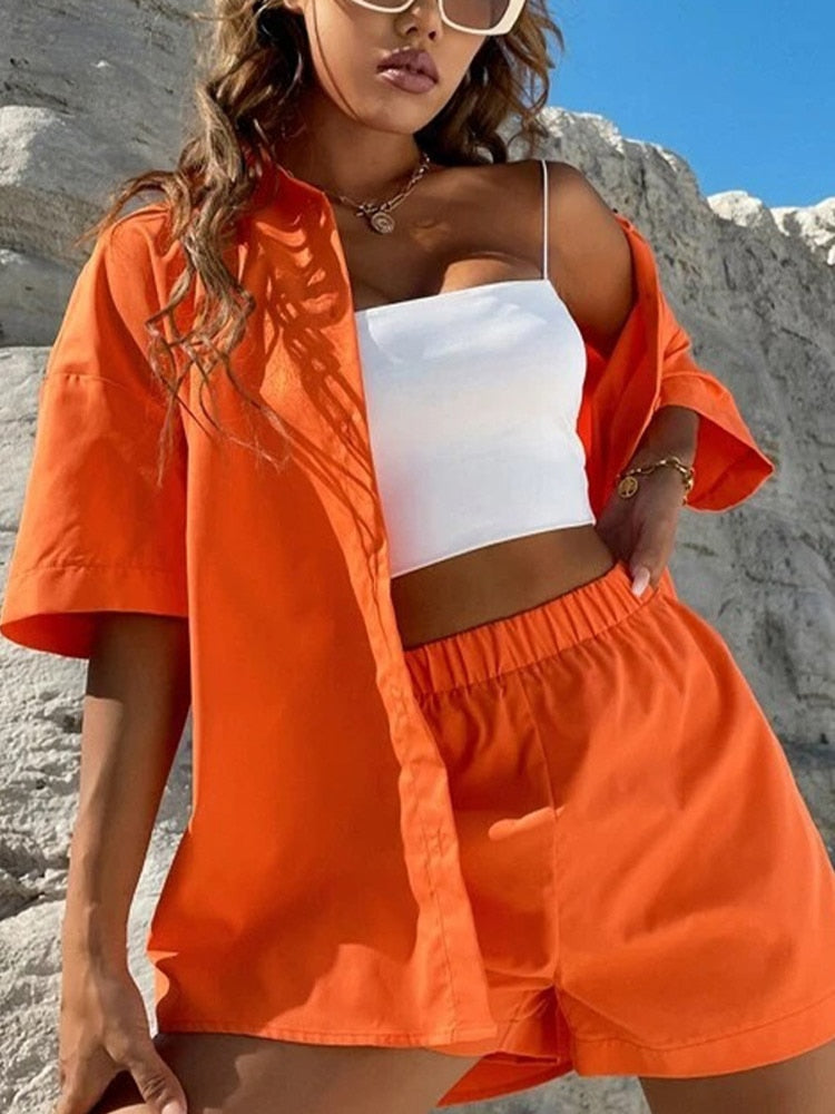 Long Sleeve Single-breasted Top + Broad-legged Shorts Set Fashion Ladies Sexy Solid Suits Summer 2 Piece Outfits For Women