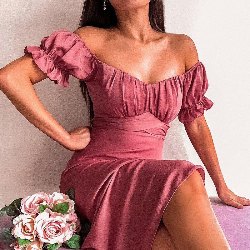 Short Sleeve Bodycon Beach Dresses High Waist A-line Ladies Party Vestidos Elegant Solid V-neck Summer Women Dress