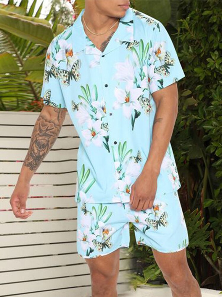 2024 Summer Fashion Men Clothing Beach Outfits Vintage Floral Printed Two Piece Sets Mens Short Sleeve Shirts And Shorts Suits