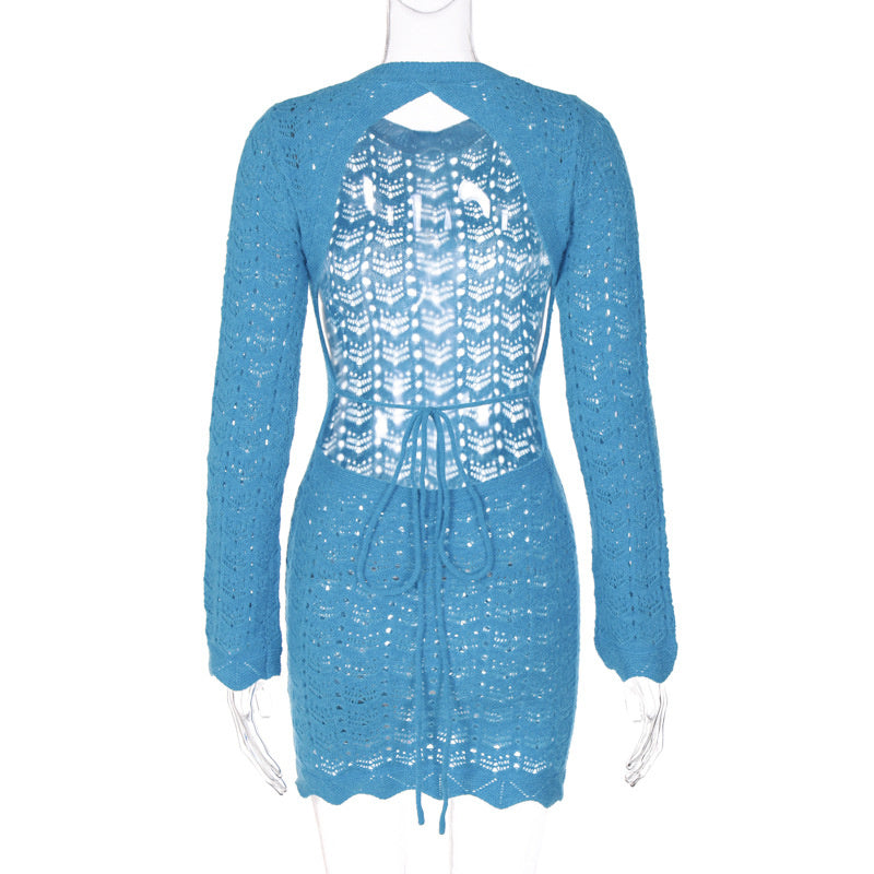 sixsr Round Collar Backless Blue Dress Women Sexy Long Sleeve Elegant Beachwear Solid Bodycon See Through Sheath Dress Female
