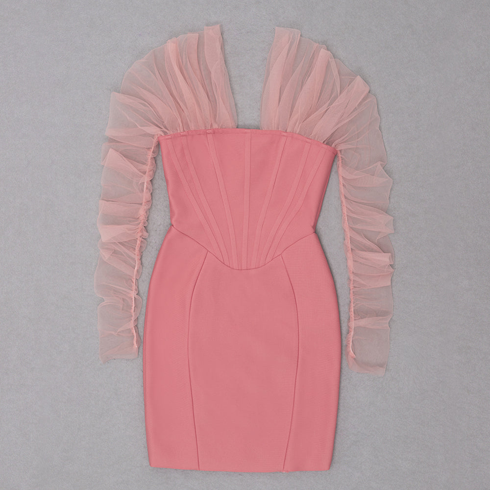 sixsr Fashion Trends Summer Women Sexy Off Shoulder Long Sleeve Backless Mesh Pink Mini Bodycon Bandage Dress Elegant Evening Club Party Dress