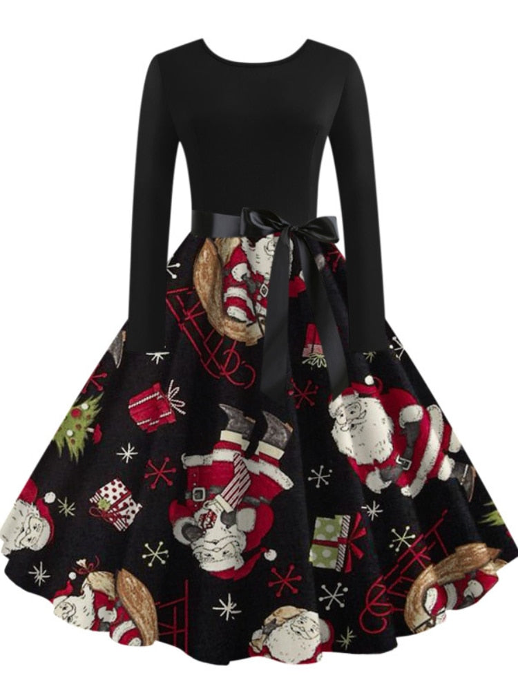 Christmas Halloween Costumes Retro Positioning Print Party Casual Long Sleeve Round Neck Swing Dress