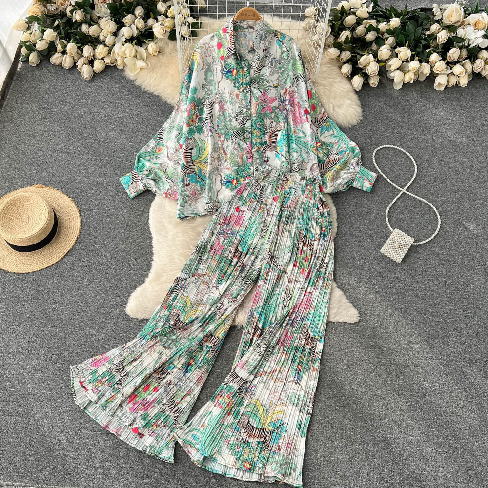 sixsr Women's Dress Spring Retro Print Casual Set Design Batwing Sleeve Single Breasted Blouse+High Waist Long Pants Two Piece Suits