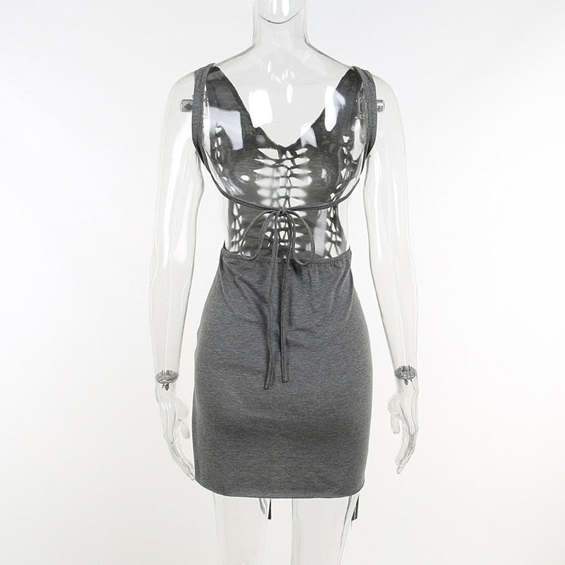 Dark Gray Hollow Out Mini Dress Sexy Drawstring Bandage Backless Summer Dresses for Women Birthday Party Clubwear