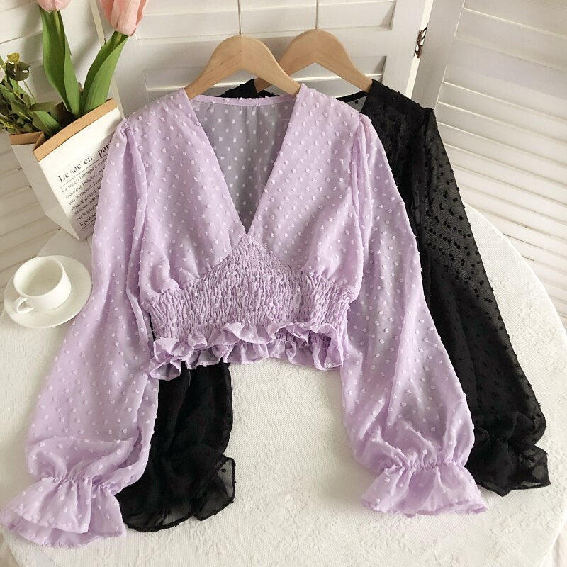 Sixsr Women Fashion Spring Women Sweet Spot Blouse Ladies Fashion Chiffon Pullover Shirt V-neck Slim Long Puff Sleeve Folds Tunic Short Top