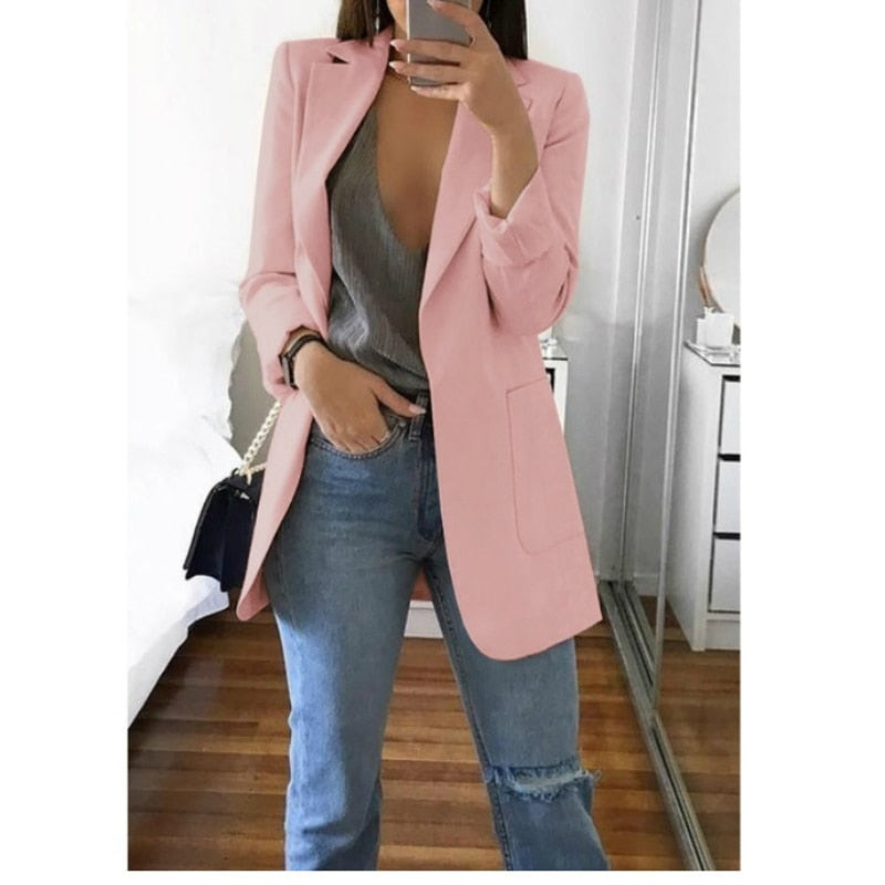 Fashion Korean Casual Women's Blazer Spring Autumn Long Blazer Women Suit Outwear Slim Coats Office Ladies Blazer Work Jacket
