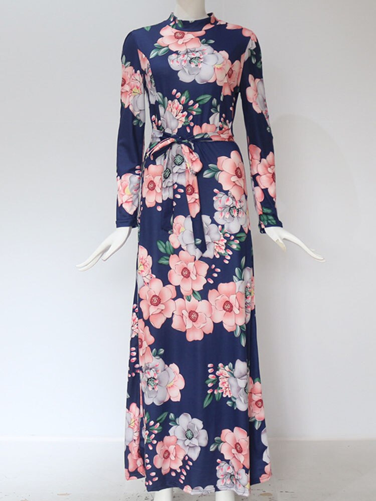 Sixsr Women Summer Long Dress Casual Long Sleeve Boho Floral Print Maxi Dress Turtleneck Bandage Elegant Party Dresses Vestidos