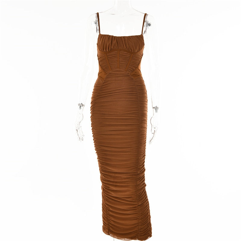 Summer Woman Dress Ruched Maxi Dress Bodycon Mesh Sexy Dress Stretchy Spaghetti Strap Dresses Elegant Long Evening Party Dresses