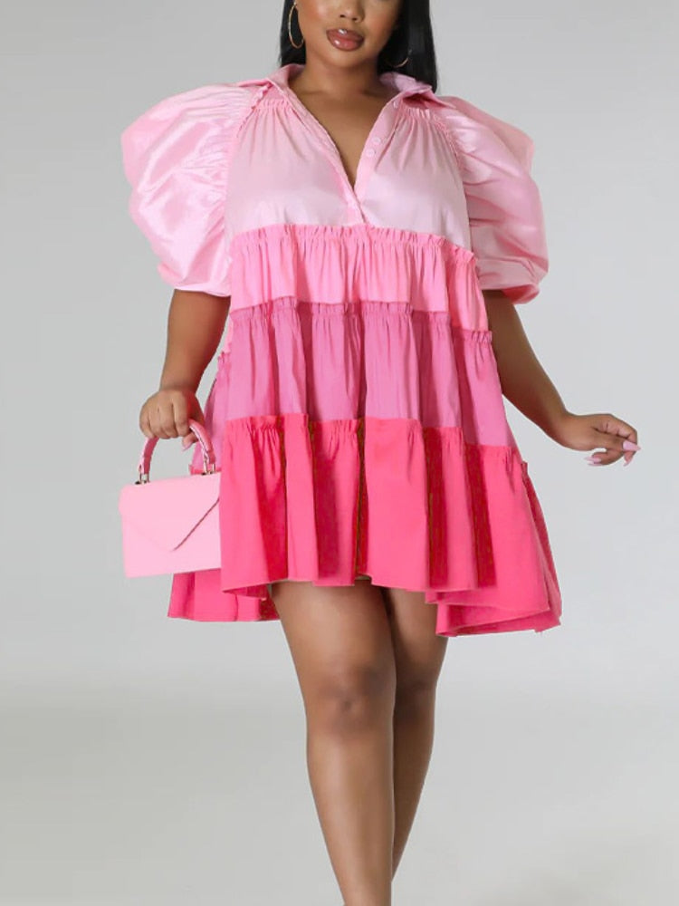 Women Causal Oversized Short Dress ruched Puff Sleeve Button Down Color Block Loose Shirt Dress Mini Summer Clothes New